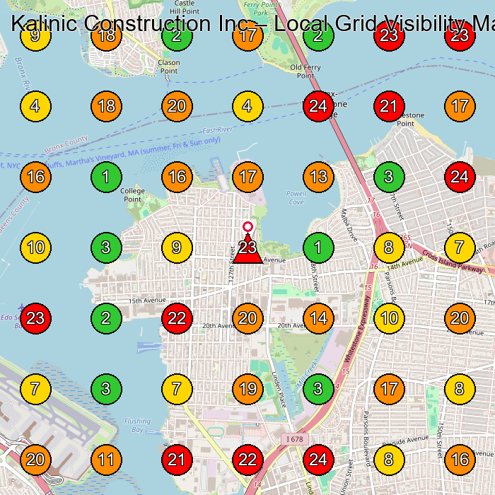 Kalinic Construction Inc Construction Company GeoGrid ranking map for Queens NY